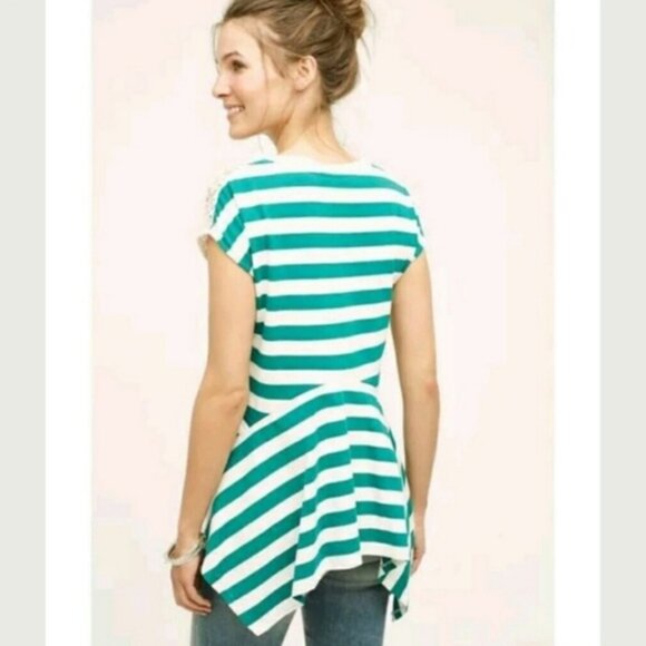Anthropologie Little Yellow Button crochet shoulder green & white stripes  sz XL - Picture 2 of 9